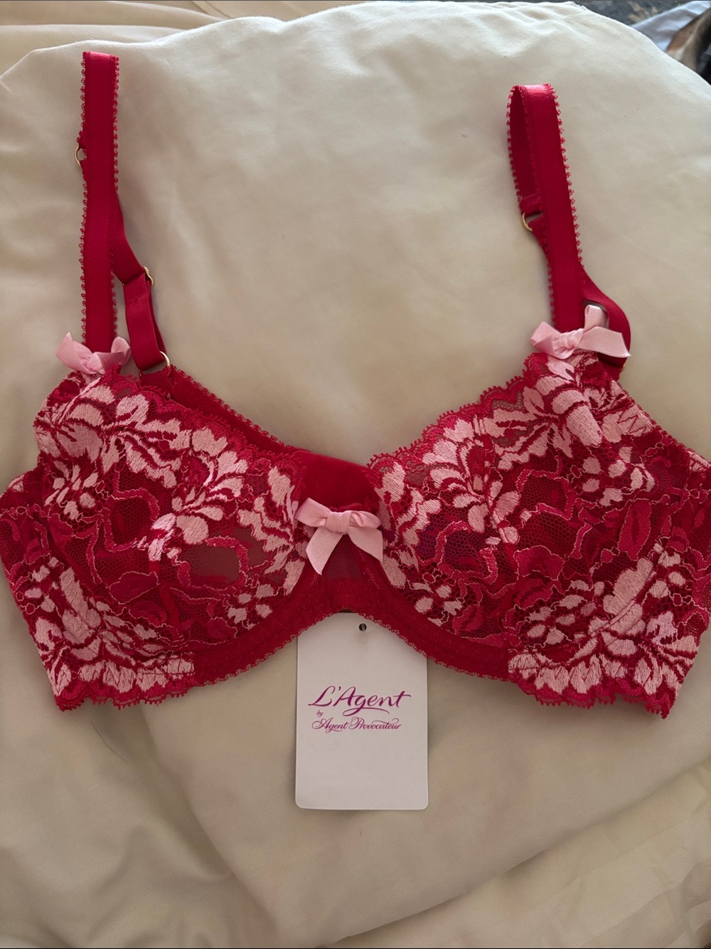 Agent Provocateur Red and Pink Lace Underwire Bra